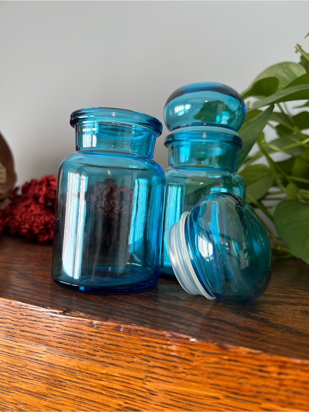 Vintage Aqua Blue Glass Apothecary Jars - Made in Belgium, Set of 2